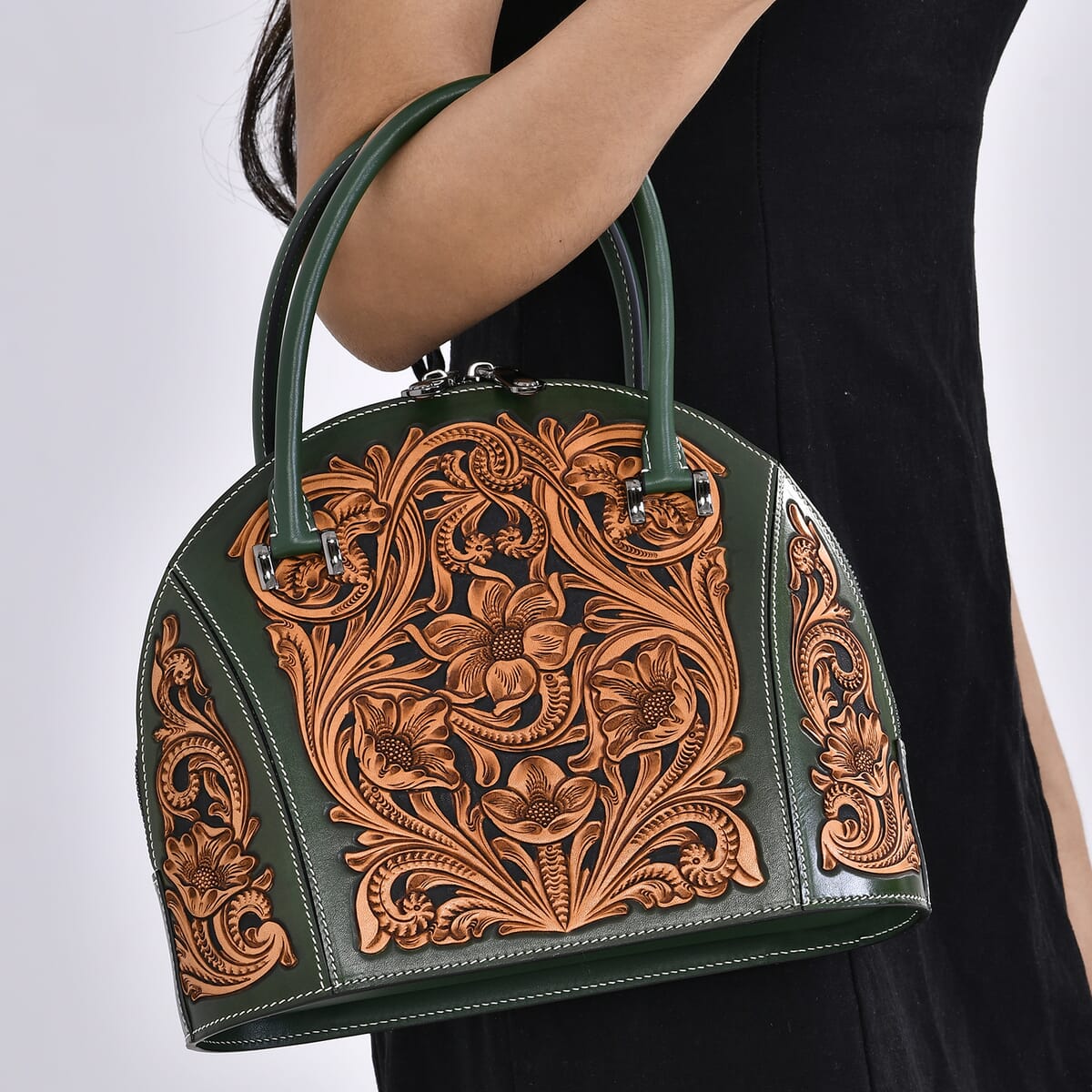 Grand Pelle Black with Solid Color Hand Engraving Flower Genuine Leather Hand Bag with Handle Drop 6.3 image number 2