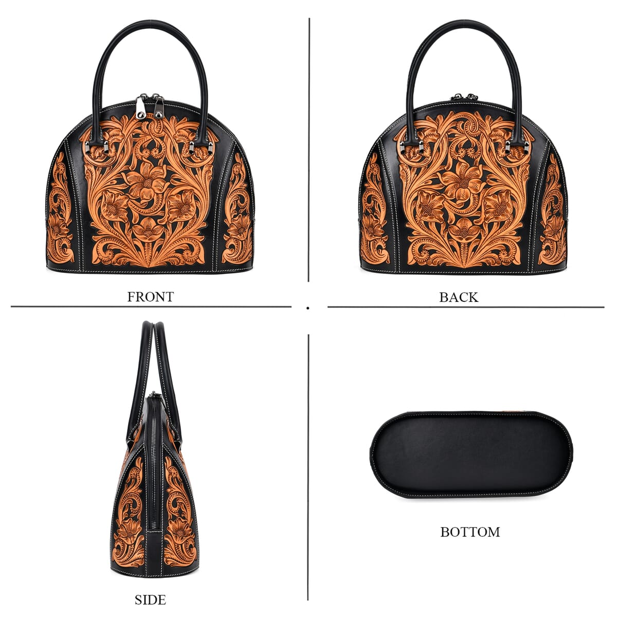 Grand Pelle Black with Solid Color Hand Engraving Flower Genuine Leather Hand Bag with Handle Drop 6.3 image number 3