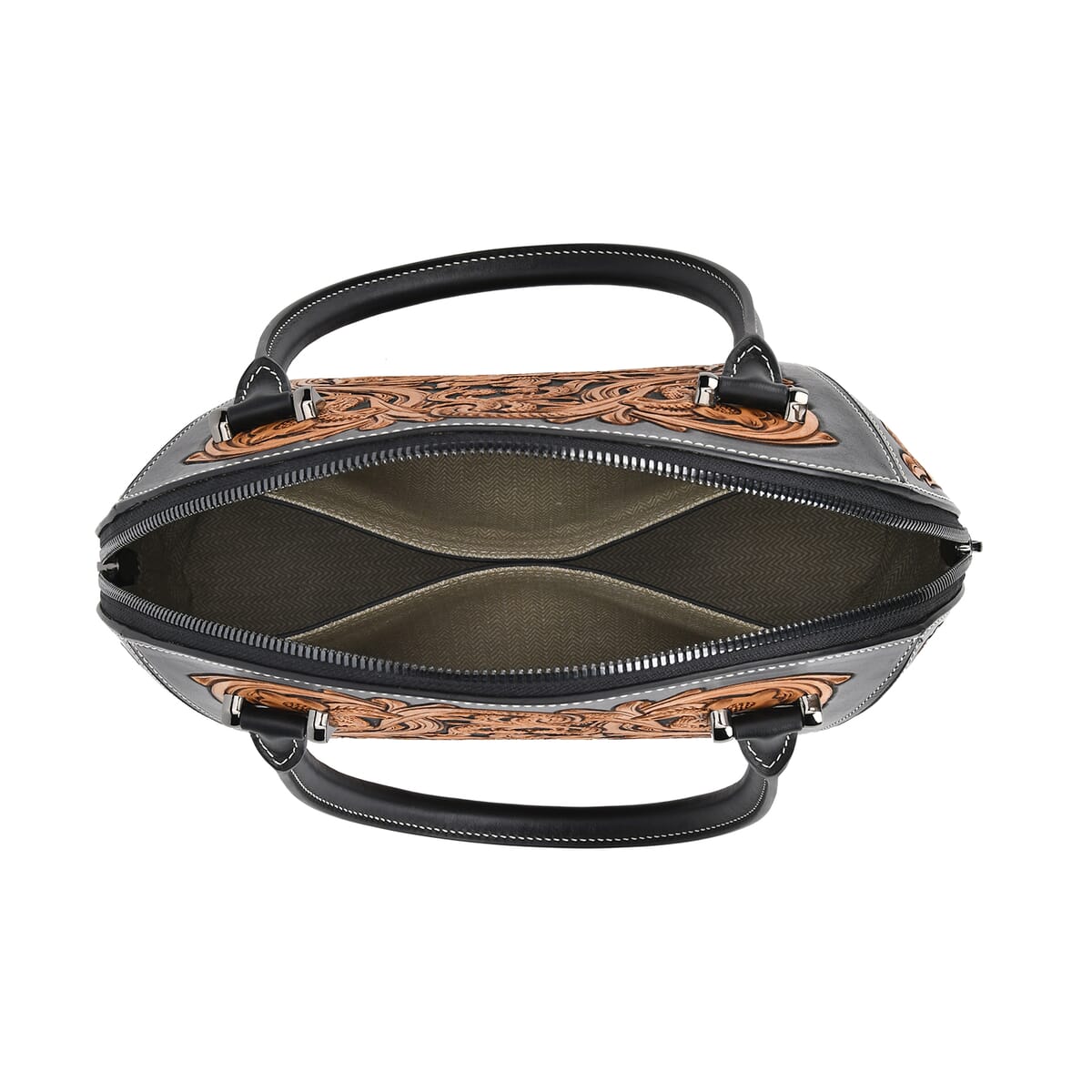 Grand Pelle Black with Solid Color Hand Engraving Flower Genuine Leather Hand Bag with Handle Drop 6.3 image number 4