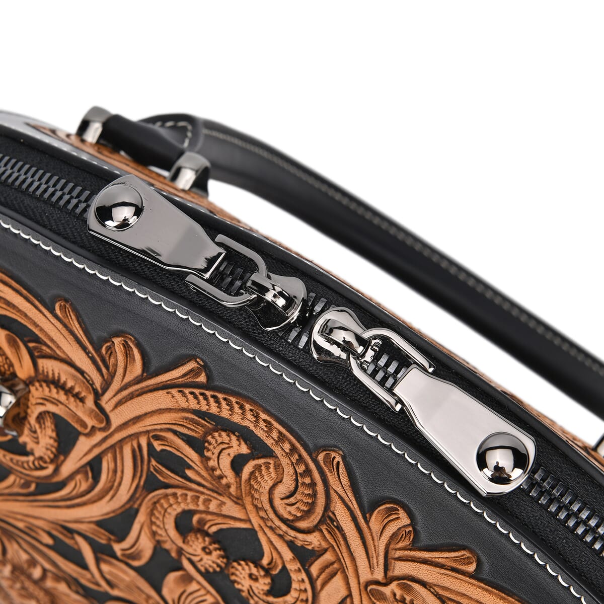 Grand Pelle Black with Solid Color Hand Engraving Flower Genuine Leather Hand Bag with Handle Drop 6.3 image number 5