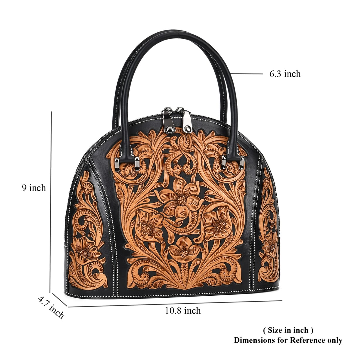 Grand Pelle Black with Solid Color Hand Engraving Flower Genuine Leather Hand Bag with Handle Drop 6.3 image number 6