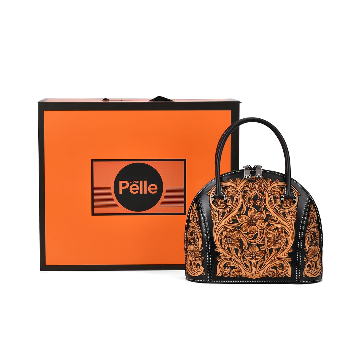 Grand Pelle Black with Solid Color Hand Engraving Flower Genuine Leather Hand Bag with Handle Drop 6.3 image number 7