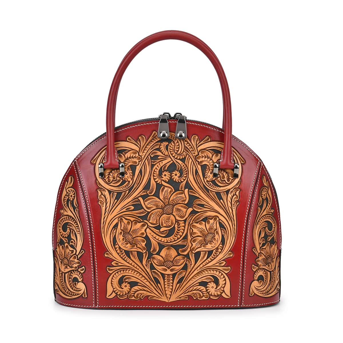 Grand Pelle Red with Solid Color Hand Engraving Flower Genuine Leather Hand Bag with Handle Drop 6.3 image number 0