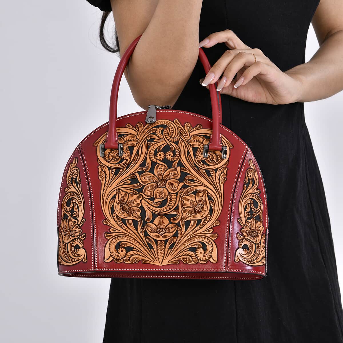 Grand Pelle Red with Solid Color Hand Engraving Flower Genuine Leather Hand Bag with Handle Drop 6.3 image number 2