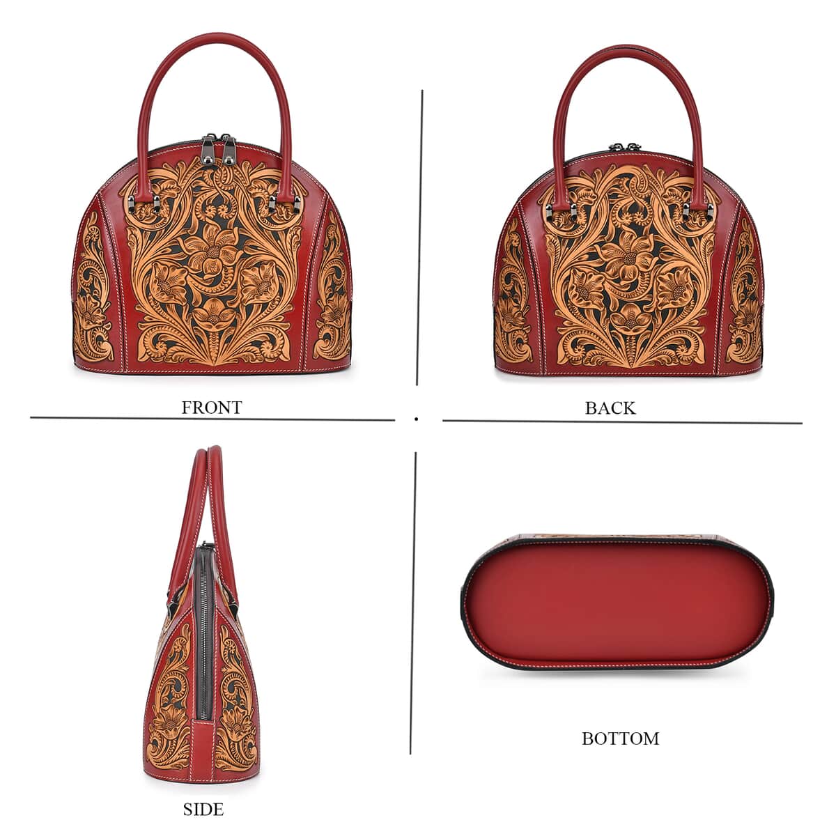 Grand Pelle Red with Solid Color Hand Engraving Flower Genuine Leather Hand Bag with Handle Drop 6.3 image number 3