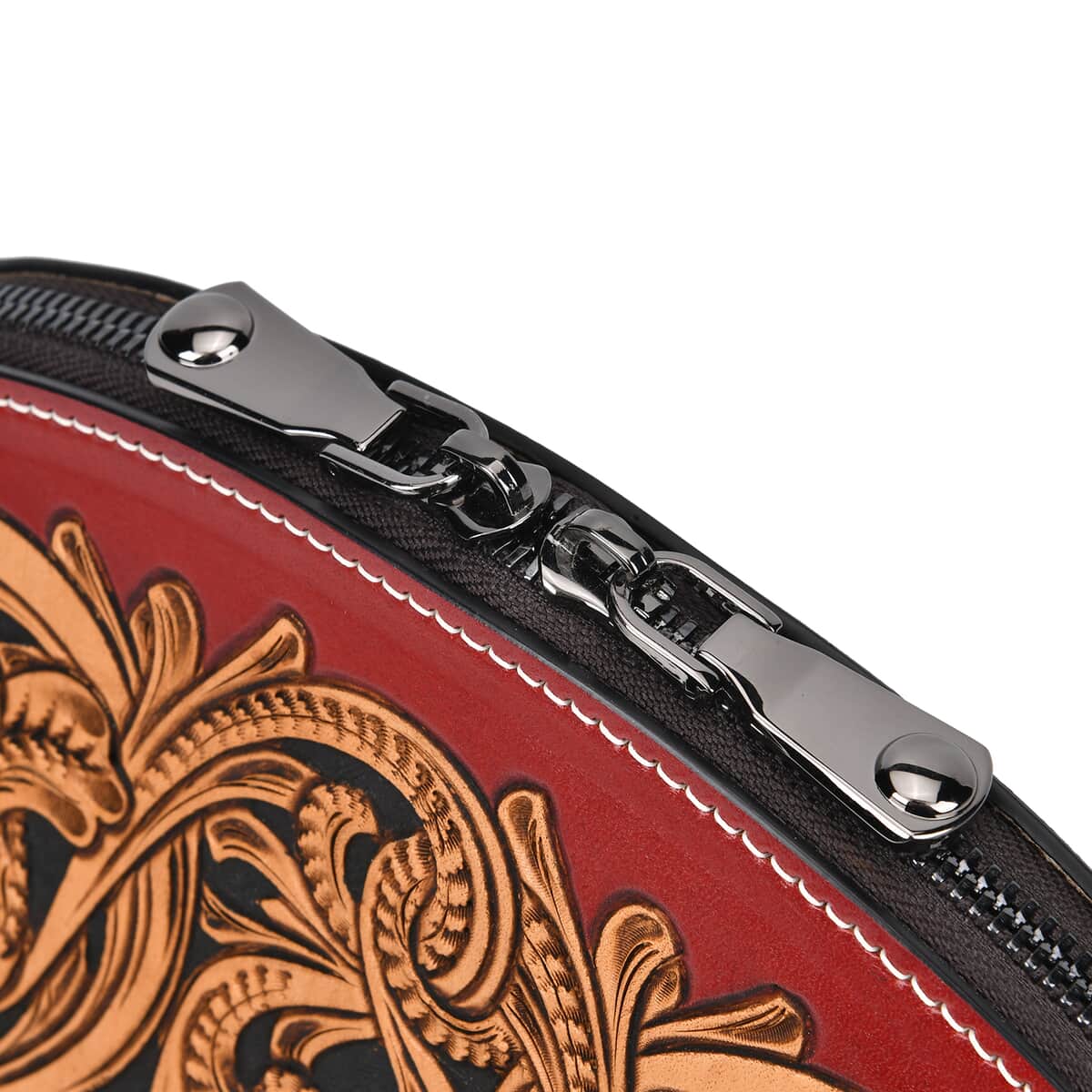 Grand Pelle Red with Solid Color Hand Engraving Flower Genuine Leather Hand Bag with Handle Drop 6.3 image number 5