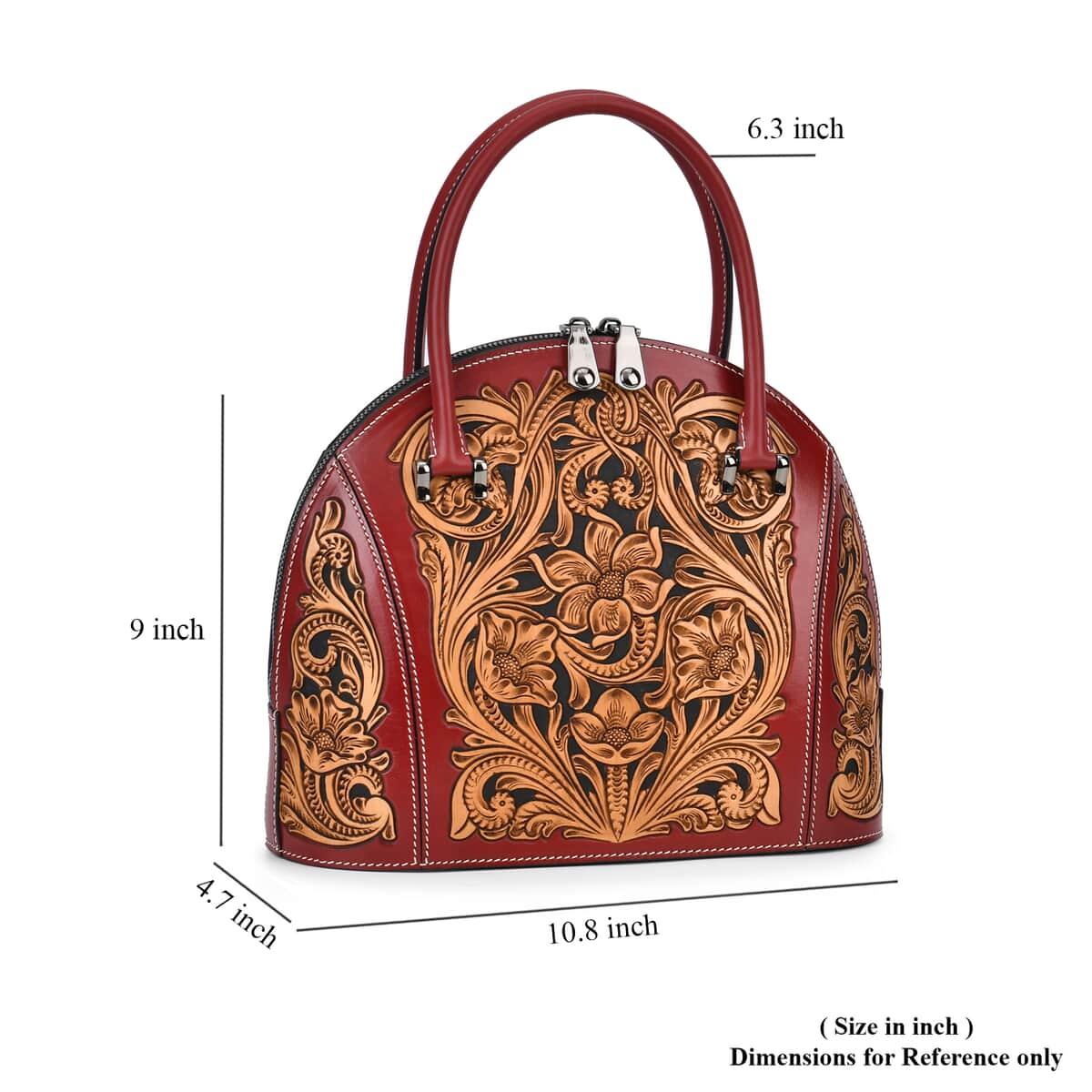 Grand Pelle Red with Solid Color Hand Engraving Flower Genuine Leather Hand Bag with Handle Drop 6.3 image number 6