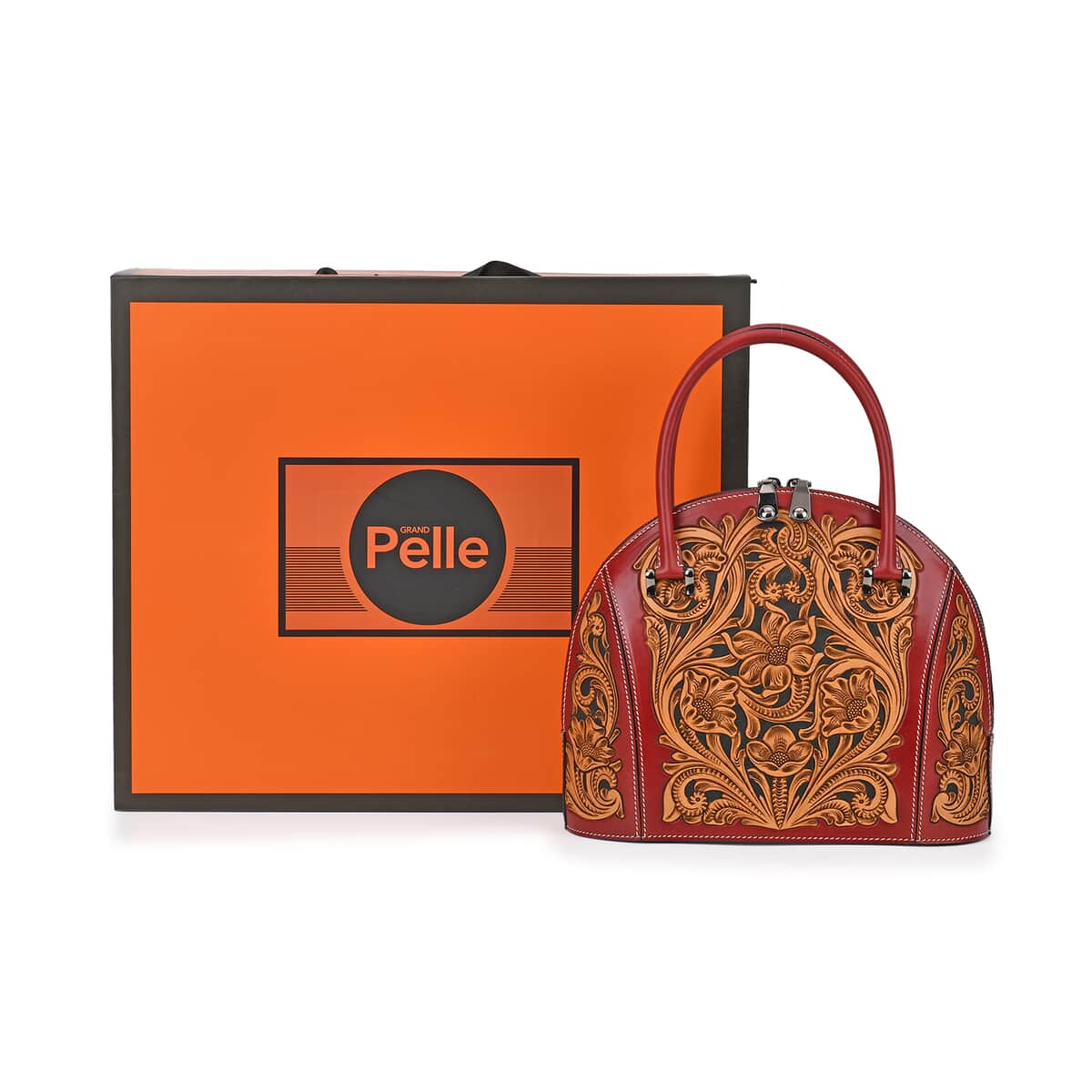 Grand Pelle Red with Solid Color Hand Engraving Flower Genuine Leather Hand Bag with Handle Drop 6.3 image number 7