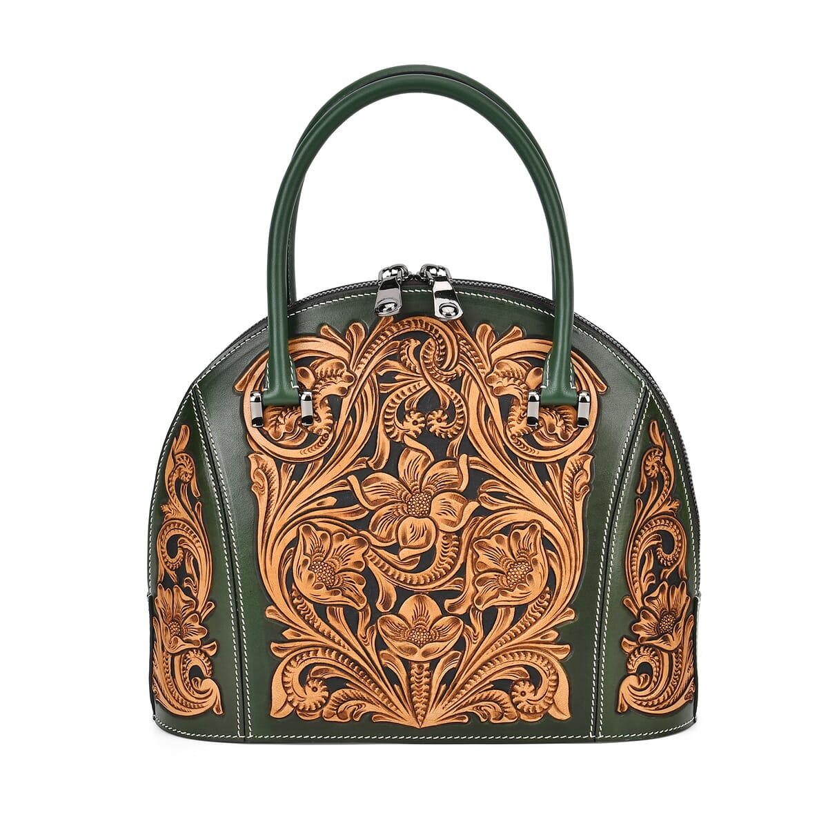 Grand Pelle Green with Solid Color Hand Engraving Flower Genuine Leather Hand Bag with Handle Drop 6.3 image number 0