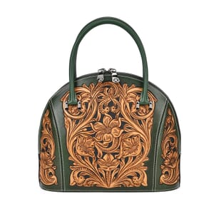 Grand Pelle Green with Solid Color Hand Engraving Flower Genuine Leather Hand Bag with Handle Drop 6.3