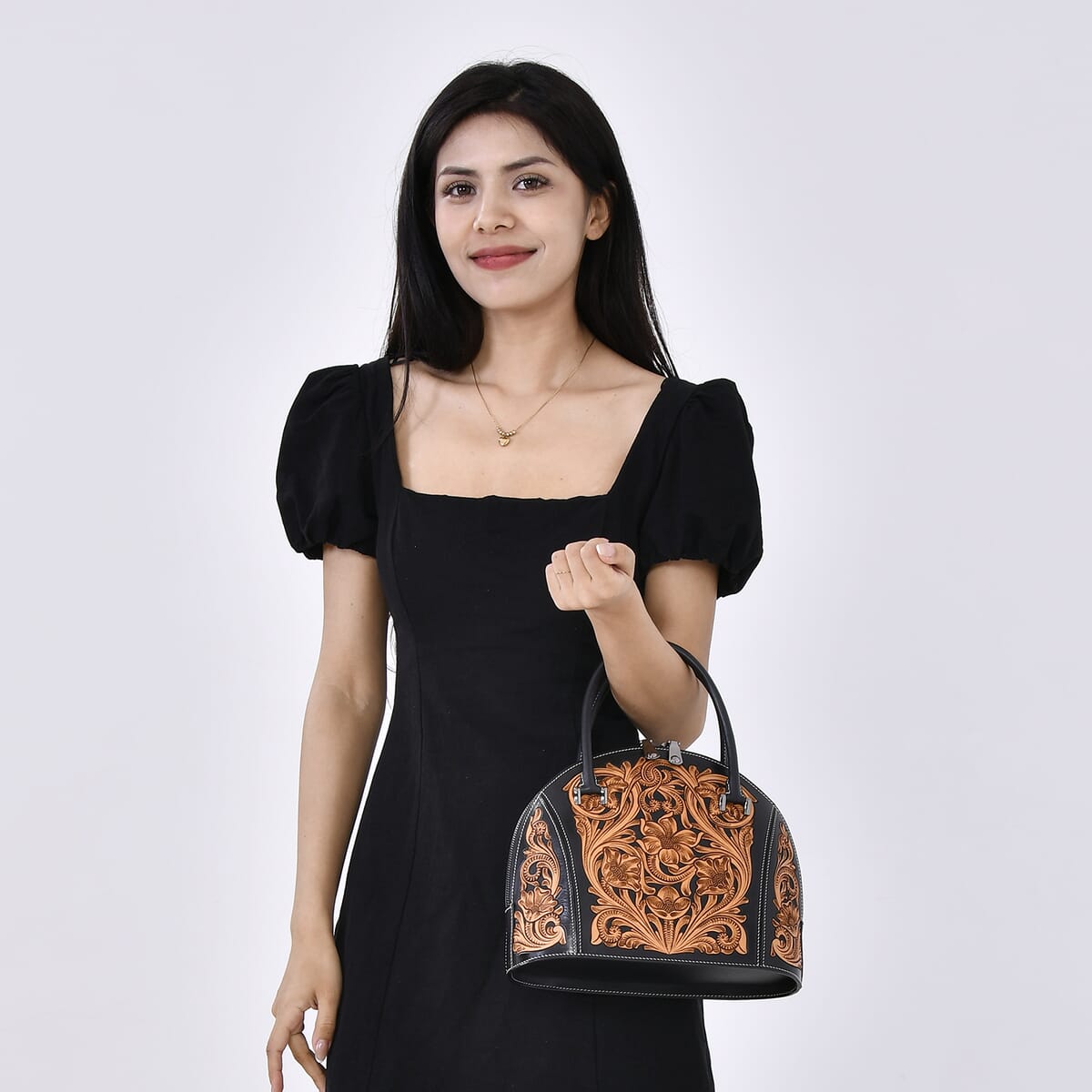 Grand Pelle Green with Solid Color Hand Engraving Flower Genuine Leather Hand Bag with Handle Drop 6.3 image number 1