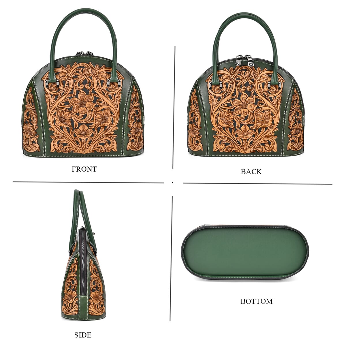Grand Pelle Green with Solid Color Hand Engraving Flower Genuine Leather Hand Bag with Handle Drop 6.3 image number 3
