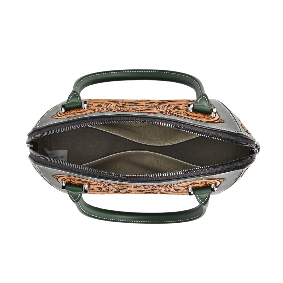Grand Pelle Green with Solid Color Hand Engraving Flower Genuine Leather Hand Bag with Handle Drop 6.3 image number 4