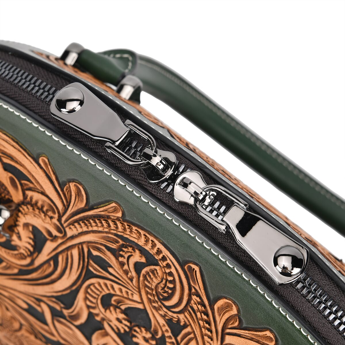 Grand Pelle Green with Solid Color Hand Engraving Flower Genuine Leather Hand Bag with Handle Drop 6.3 image number 5