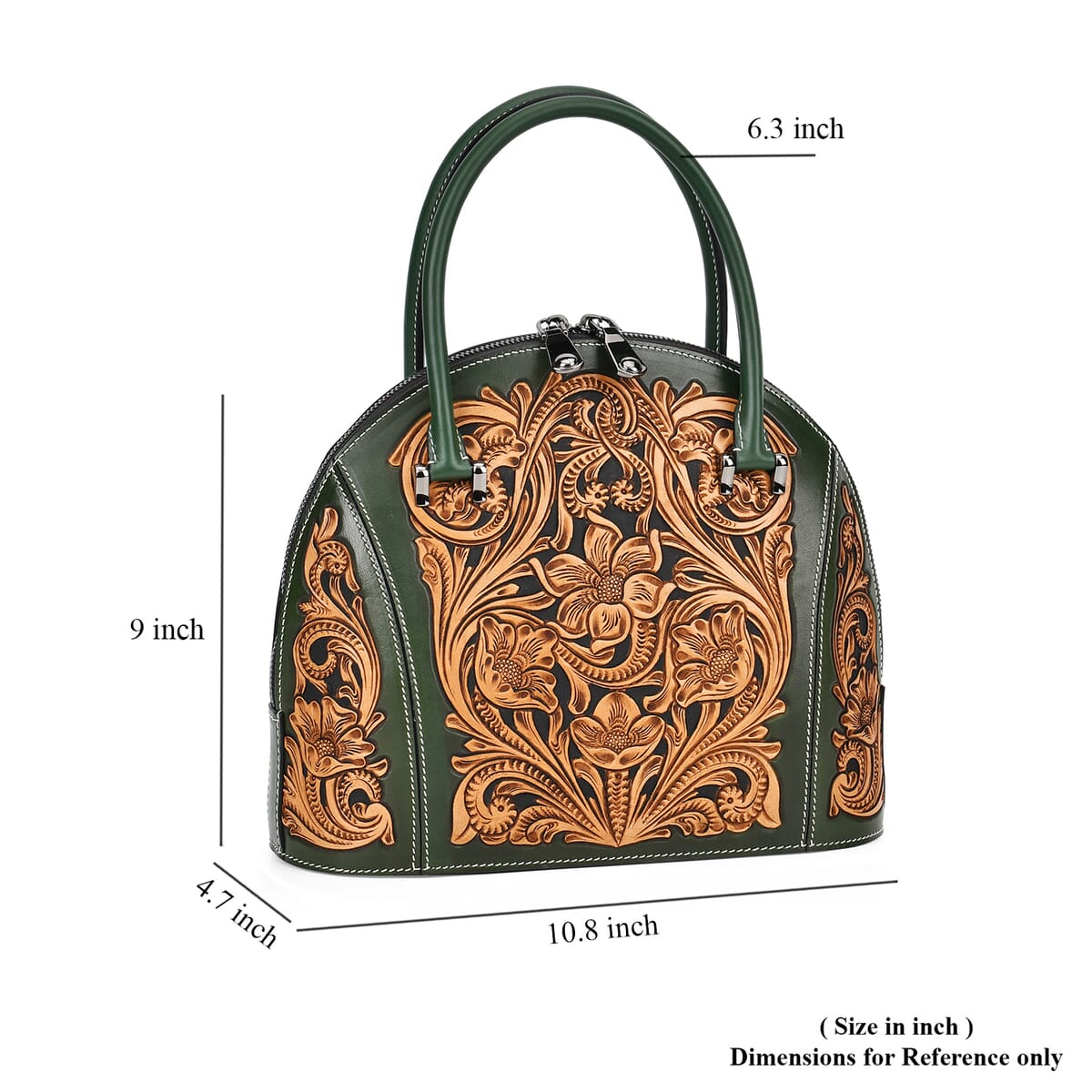 Grand Pelle Green with Solid Color Hand Engraving Flower Genuine Leather Hand Bag with Handle Drop 6.3 image number 6