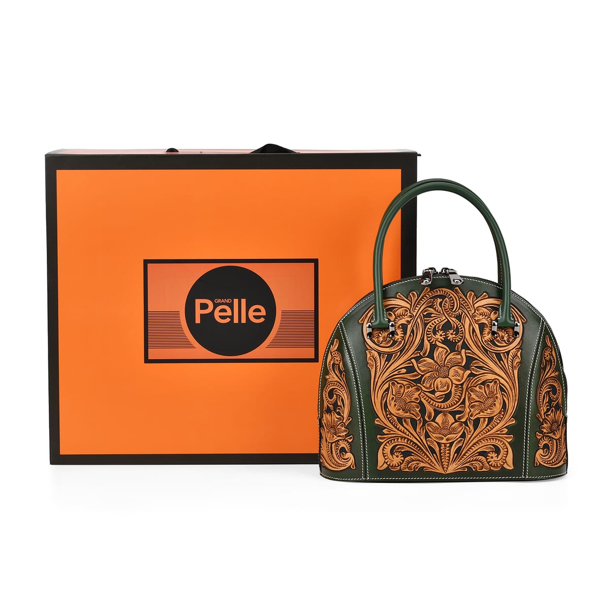 Grand Pelle Green with Solid Color Hand Engraving Flower Genuine Leather Hand Bag with Handle Drop 6.3 image number 7