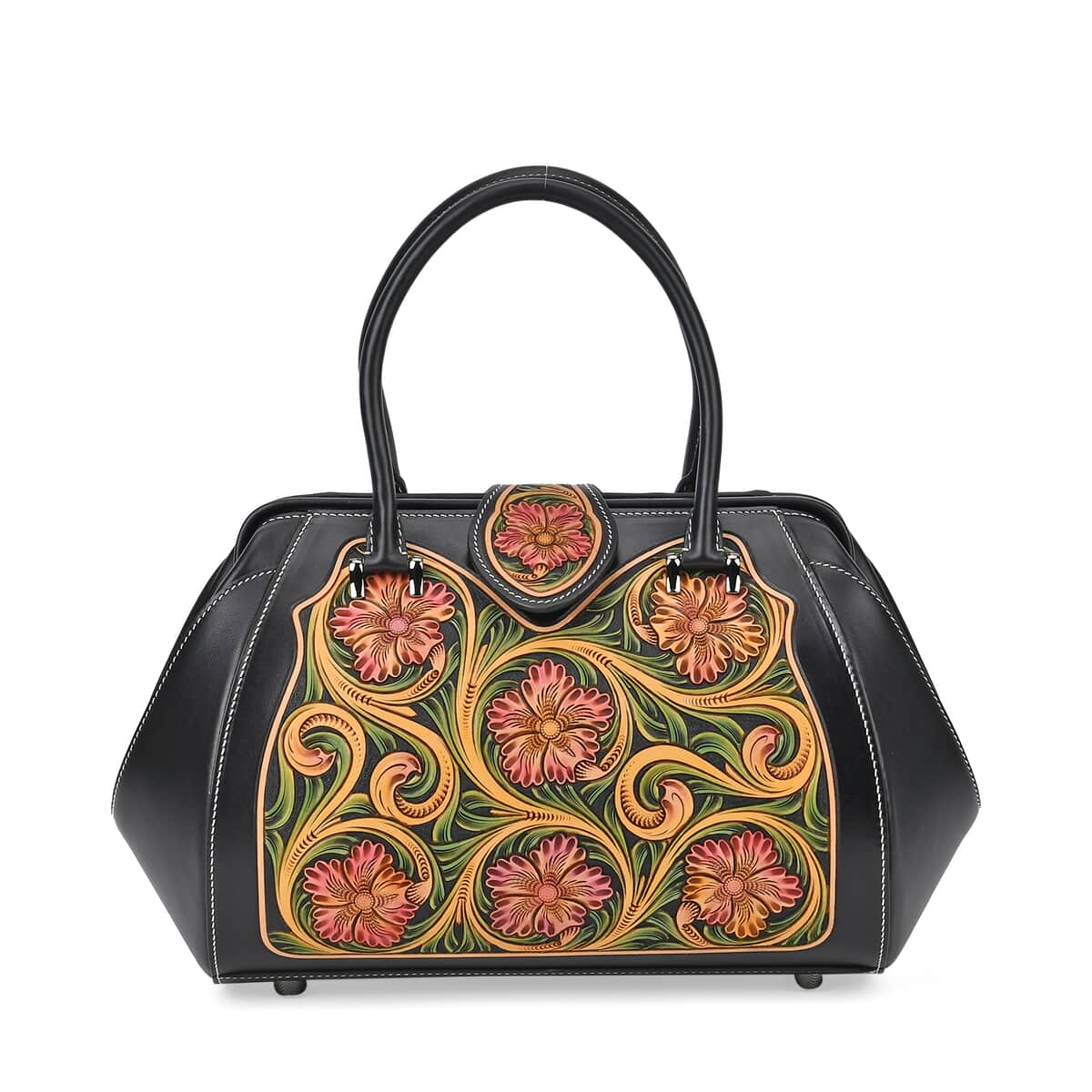 Grand Pelle Black with Multicolor Hand Engraving Flower Genuine Leather Hand Bag with Handle Drop 6.3 image number 0