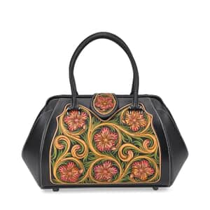 Grand Pelle Black with Multicolor Hand Engraving Flower Genuine Leather Hand Bag with Handle Drop 6.3