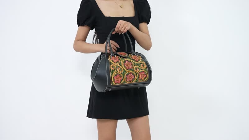 Grand Pelle Black with Multicolor Hand Engraving Flower Genuine Leather Hand Bag (14"x9"x7") with Handle Drop 6.3"