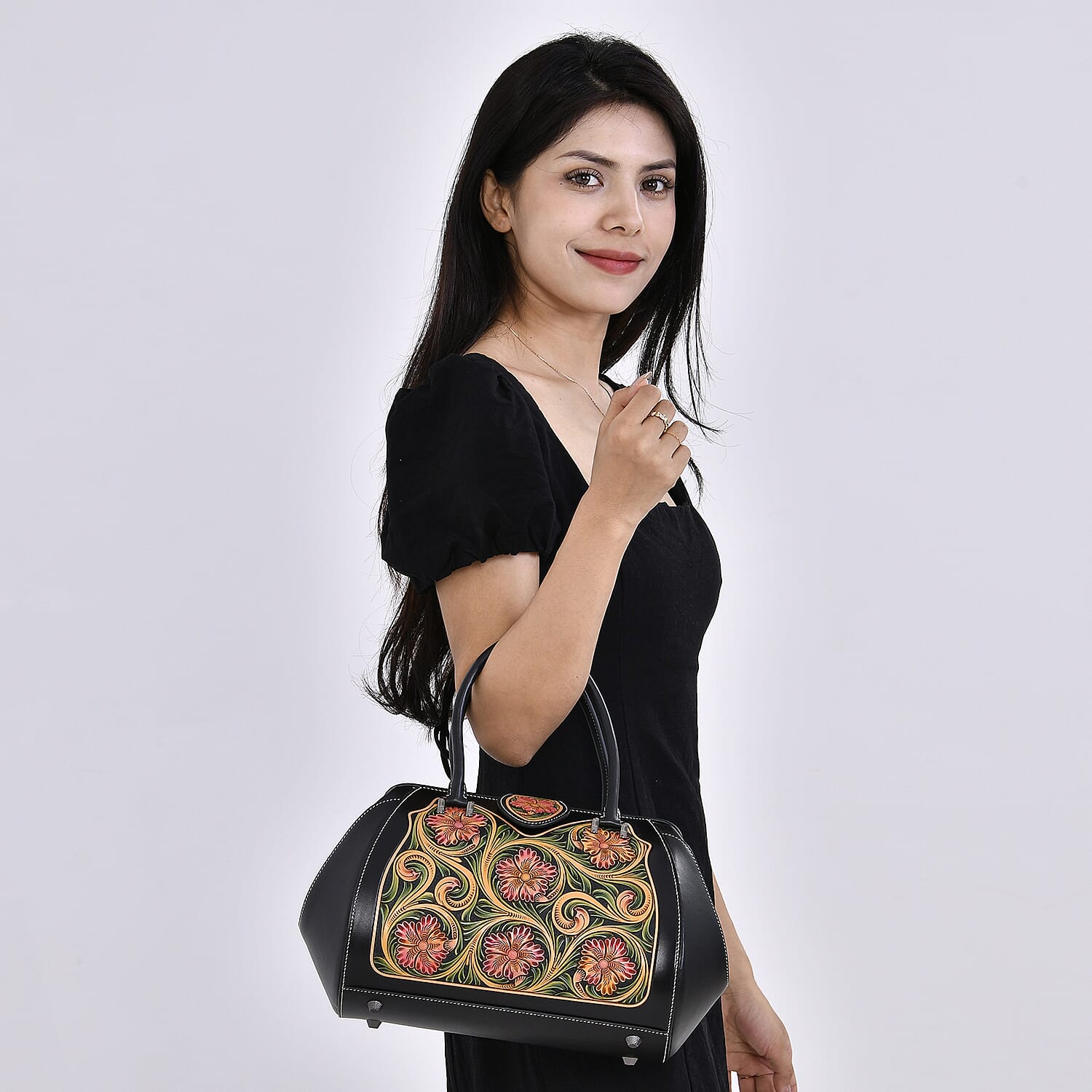 Grand Pelle Black with Multicolor Hand Engraving Flower Genuine Leather Hand Bag with Handle Drop 6.3