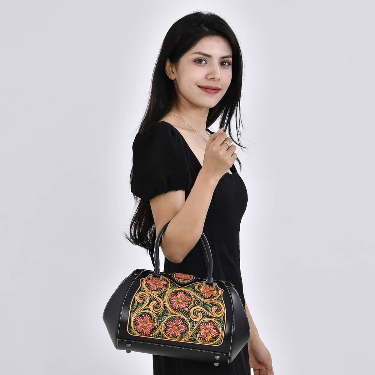 Grand Pelle Black with Multicolor Hand Engraving Flower Genuine Leather Hand Bag with Handle Drop 6.3 image number 1