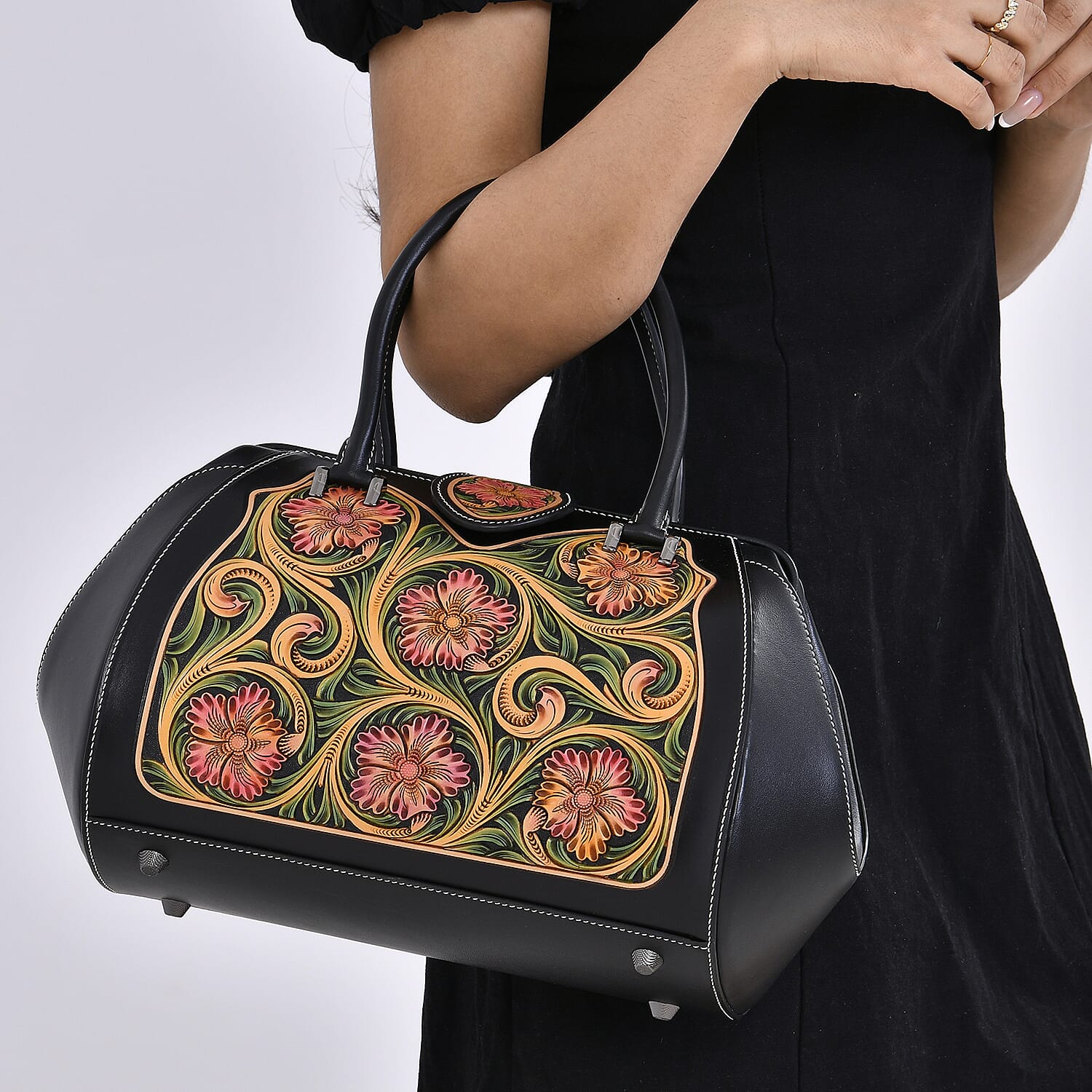 Grand Pelle Black with Multicolor Hand Engraving Flower Genuine Leather Hand Bag with Handle Drop 6.3