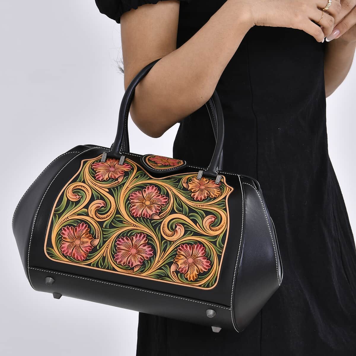 Grand Pelle Black with Multicolor Hand Engraving Flower Genuine Leather Hand Bag with Handle Drop 6.3 image number 2