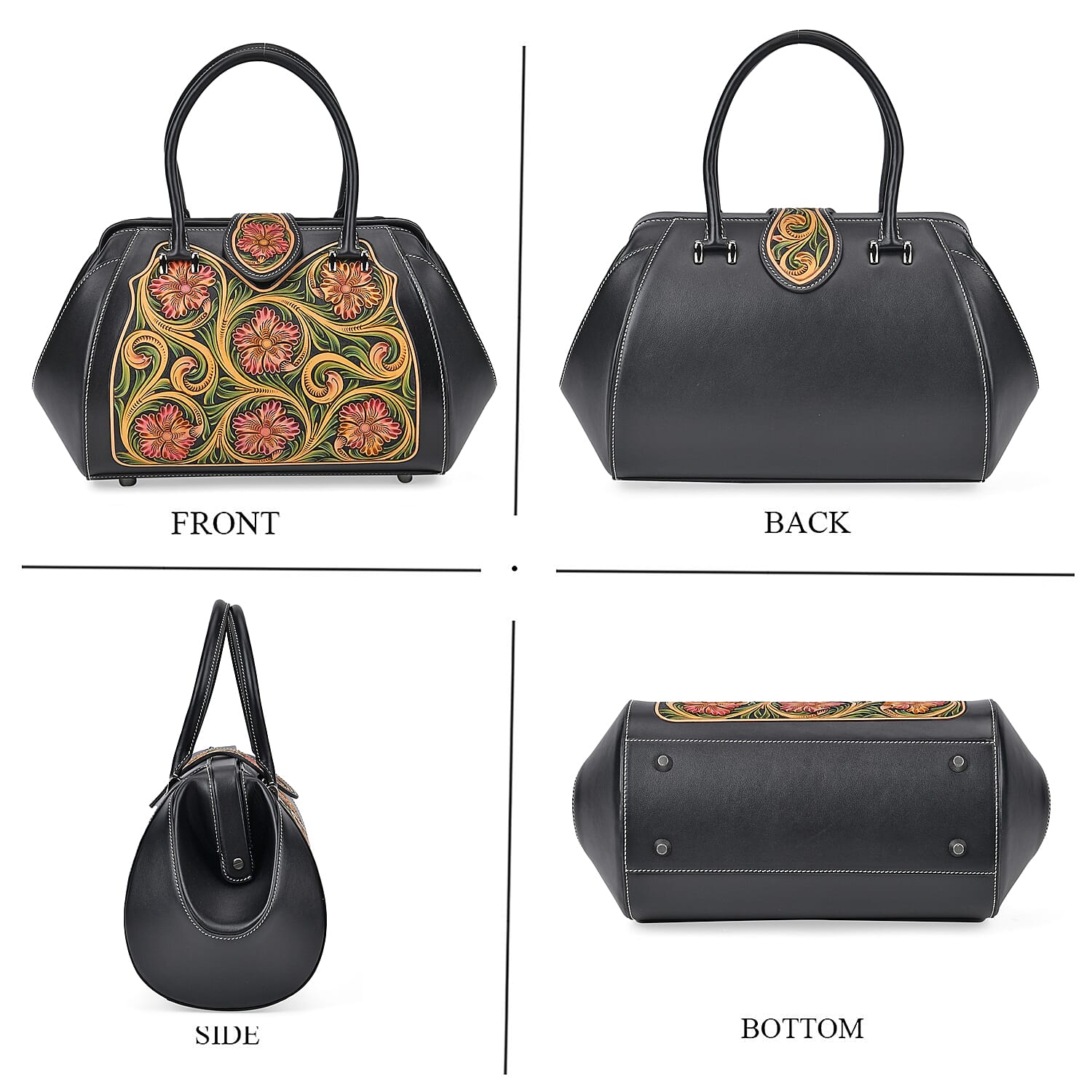 Grand Pelle Black with Multicolor Hand Engraving Flower Genuine Leather Hand Bag with Handle Drop 6.3