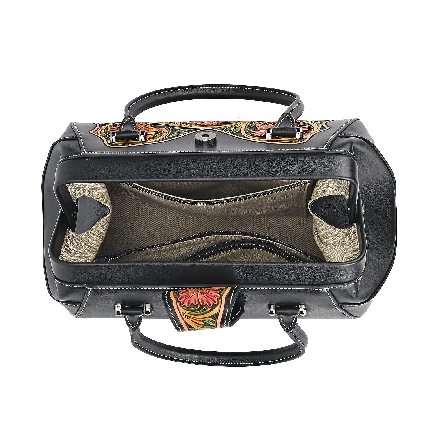 Grand Pelle Black with Multicolor Hand Engraving Flower Genuine Leather Hand Bag with Handle Drop 6.3