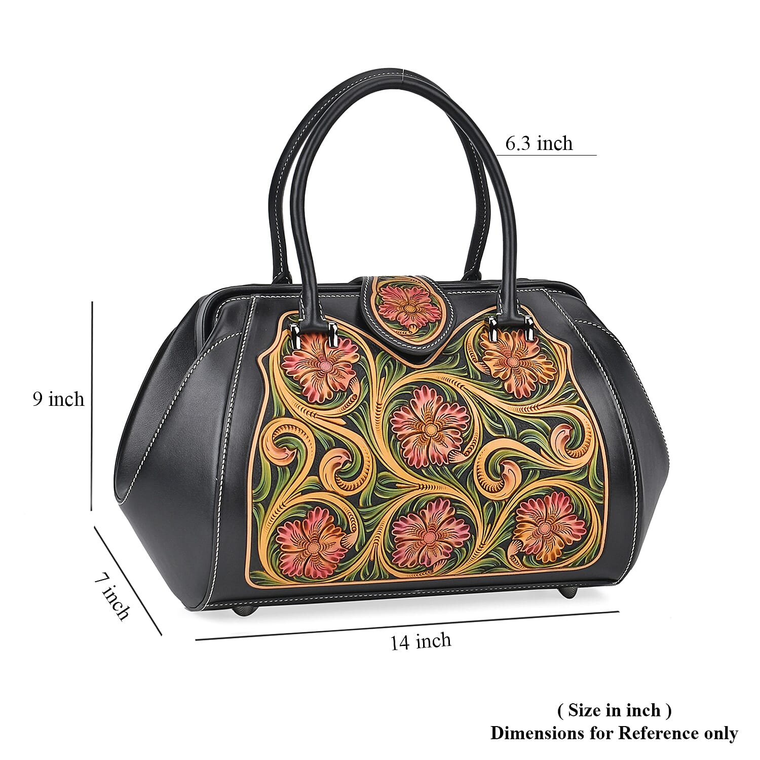 Grand Pelle Black with Multicolor Hand Engraving Flower Genuine Leather Hand Bag with Handle Drop 6.3