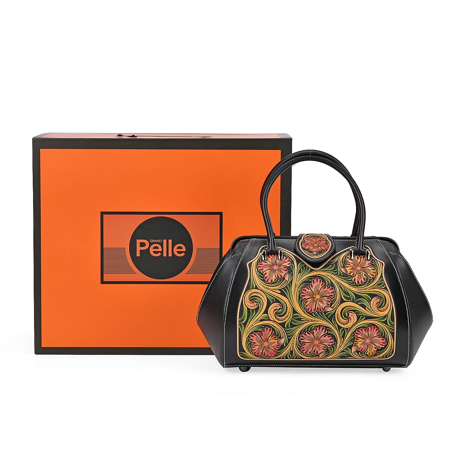 Grand Pelle Black with Multicolor Hand Engraving Flower Genuine Leather Hand Bag with Handle Drop 6.3