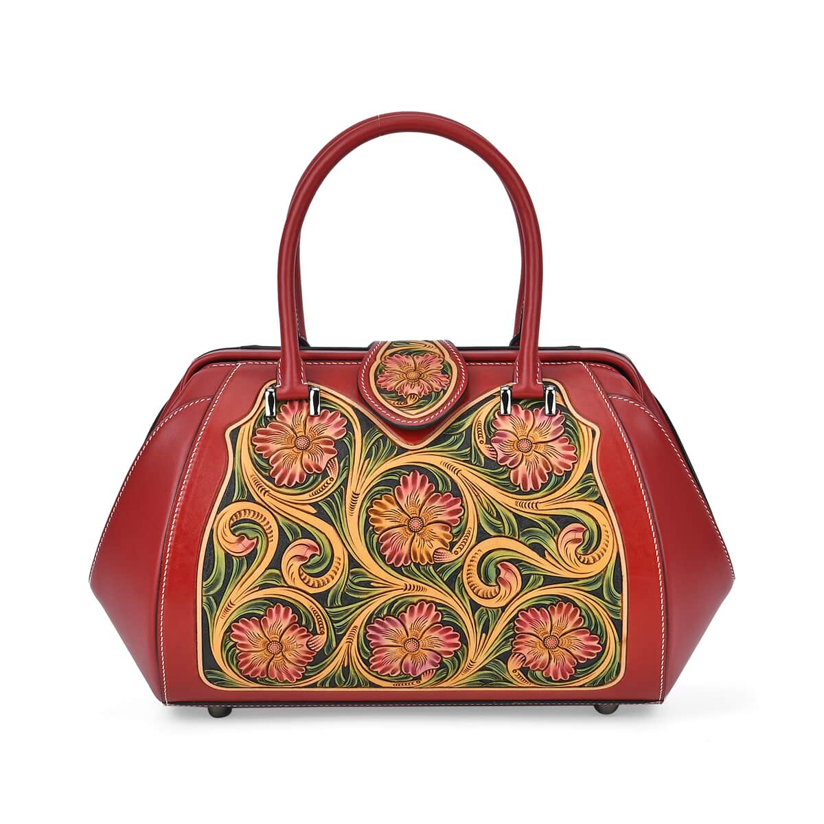 Grand Pelle Red with Multicolor Hand Engraving Flower Genuine Leather Hand Bag with Handle Drop 6.3 image number 0