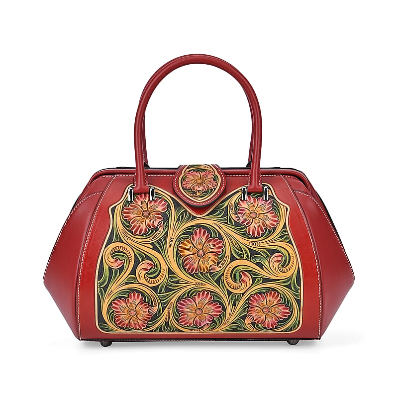 Grand Pelle Red with Multicolor Hand Engraving Flower Genuine Leather Hand Bag with Handle Drop 6.3