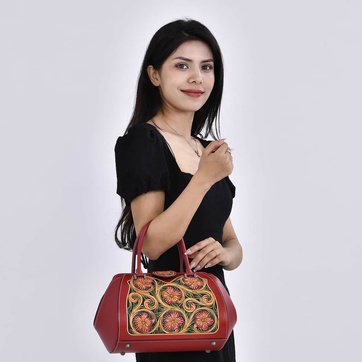 Grand Pelle Red with Multicolor Hand Engraving Flower Genuine Leather Hand Bag with Handle Drop 6.3 image number 1