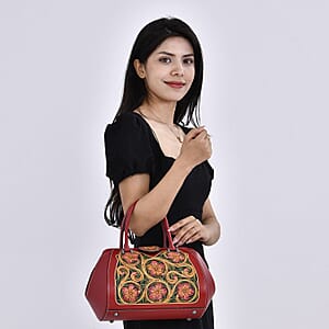 Grand Pelle Red with Multicolor Hand Engraving Flower Genuine Leather Hand Bag with Handle Drop 6.3