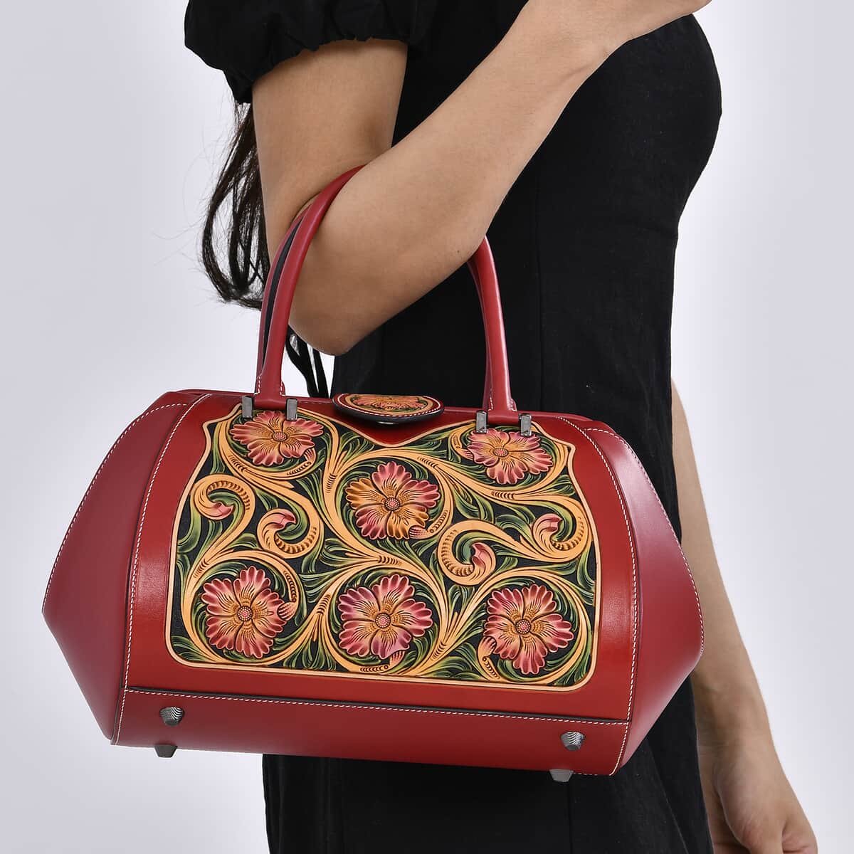 Grand Pelle Red with Multicolor Hand Engraving Flower Genuine Leather Hand Bag with Handle Drop 6.3 image number 2