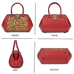 Grand Pelle Red with Multicolor Hand Engraving Flower Genuine Leather Hand Bag with Handle Drop 6.3