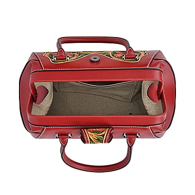 Grand Pelle Red with Multicolor Hand Engraving Flower Genuine Leather Hand Bag with Handle Drop 6.3