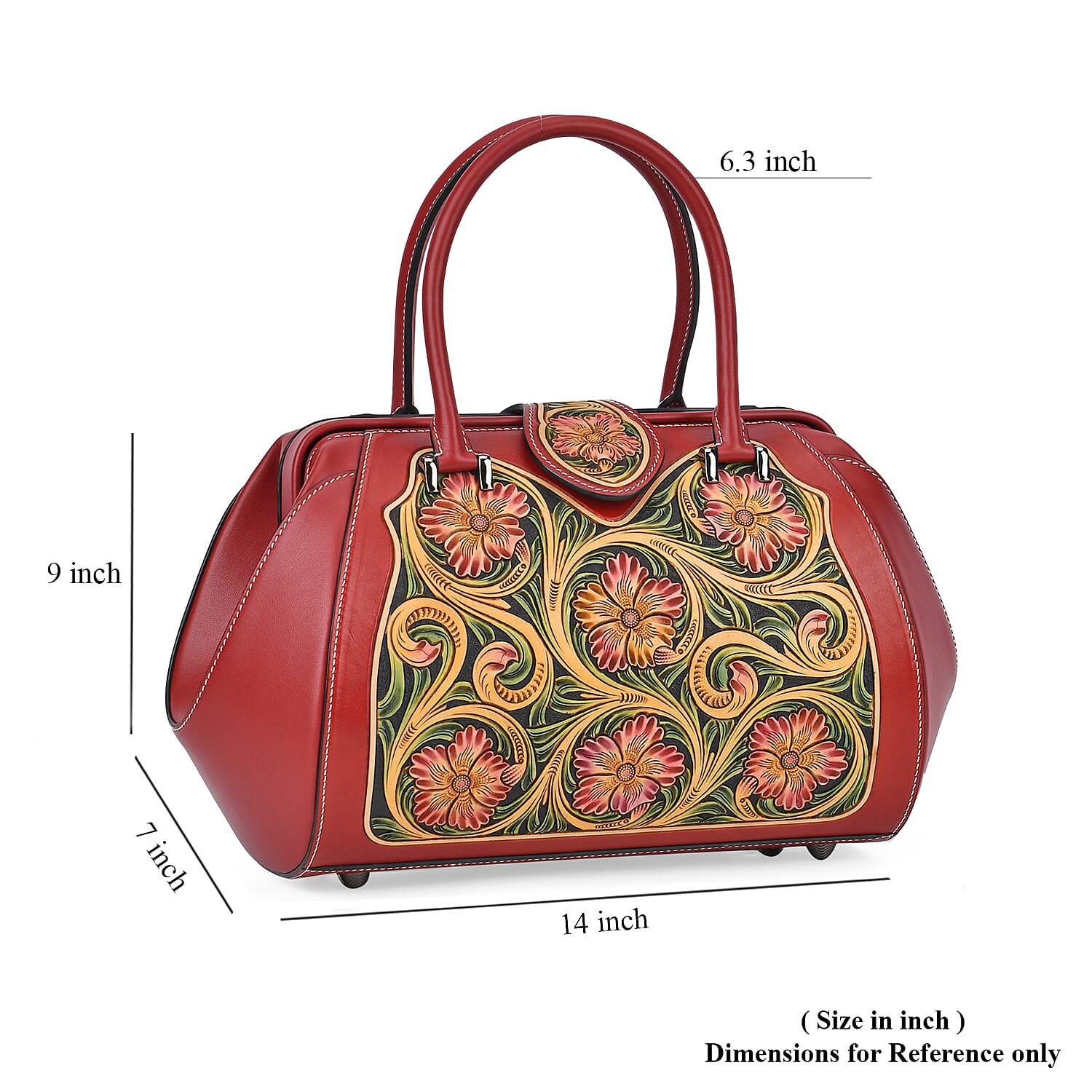Grand Pelle Red with Multicolor Hand Engraving Flower Genuine Leather Hand Bag with Handle Drop 6.3