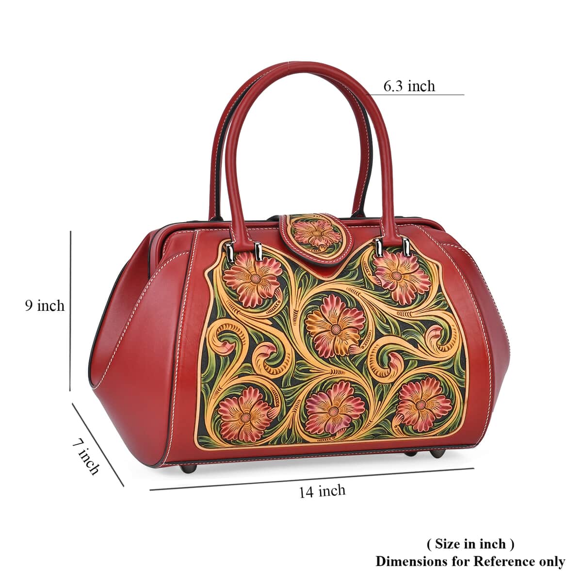 Grand Pelle Red with Multicolor Hand Engraving Flower Genuine Leather Hand Bag with Handle Drop 6.3 image number 5