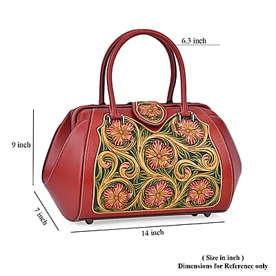 Grand Pelle Red with Multicolor Hand Engraving Flower Genuine Leather Hand Bag with Handle Drop 6.3