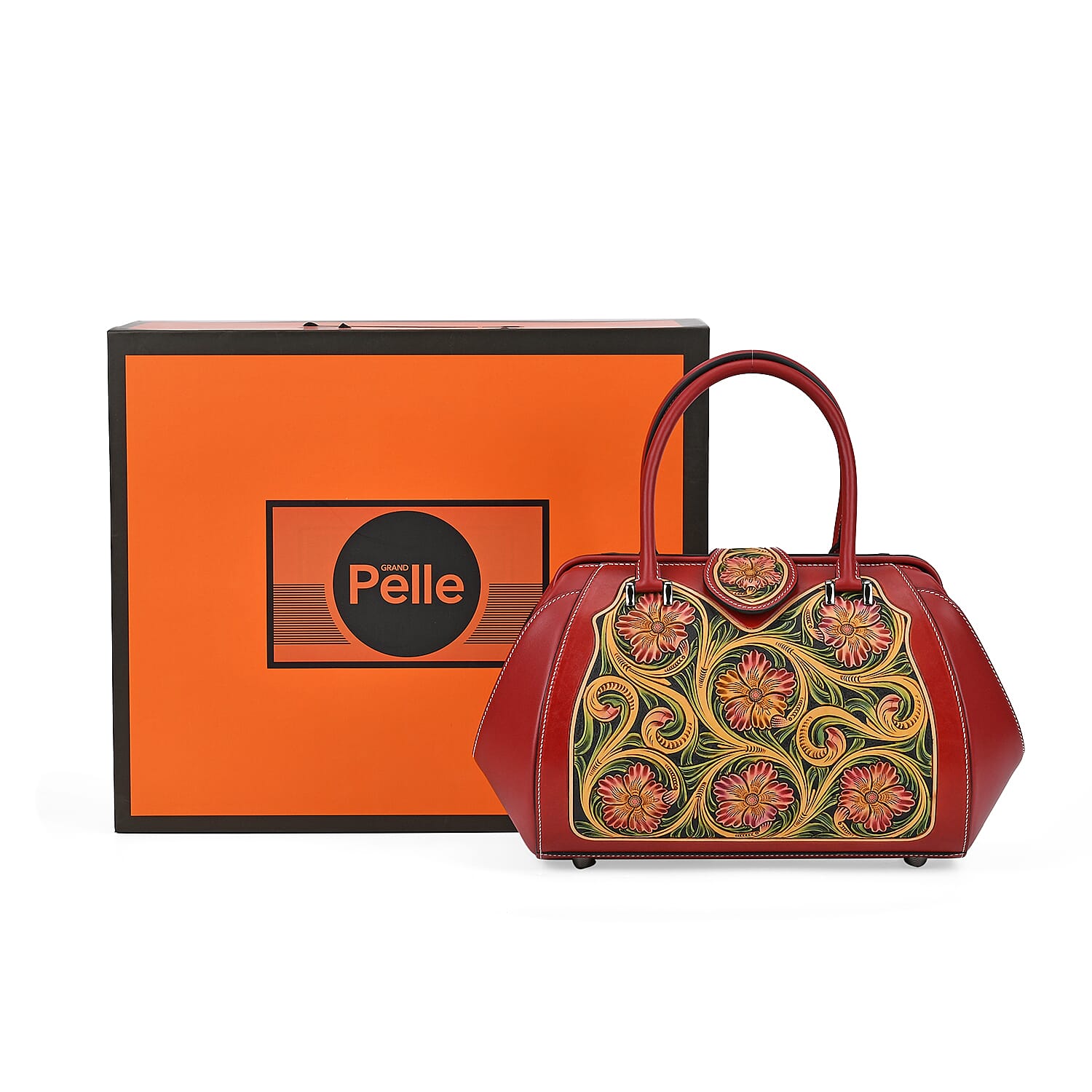 Grand Pelle Red with Multicolor Hand Engraving Flower Genuine Leather Hand Bag with Handle Drop 6.3