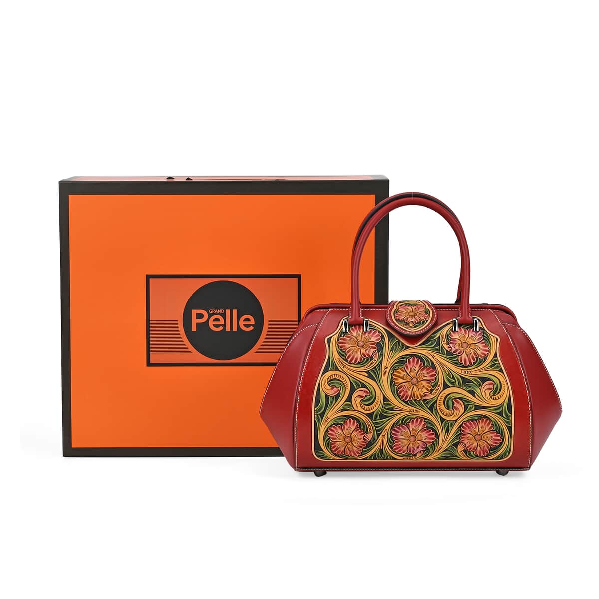 Grand Pelle Red with Multicolor Hand Engraving Flower Genuine Leather Hand Bag with Handle Drop 6.3 image number 6