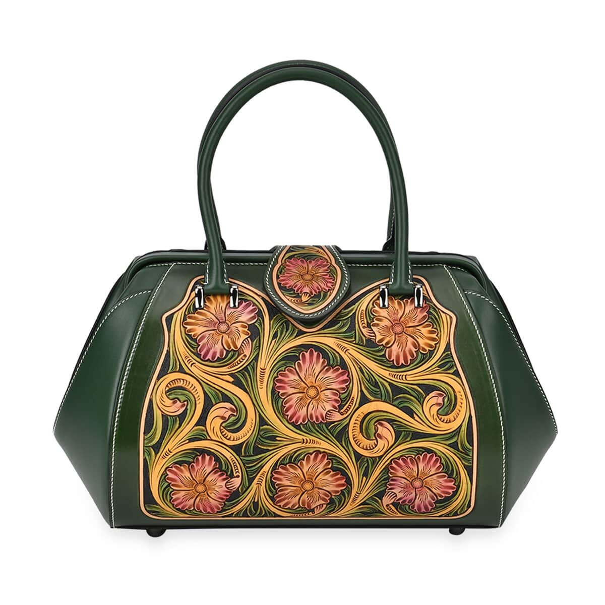 Grand Pelle Green with Multicolor Hand Engraving Flower Genuine Leather Hand Bag with Handle Drop 6.3 image number 0