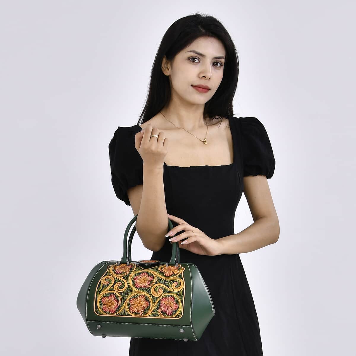 Grand Pelle Green with Multicolor Hand Engraving Flower Genuine Leather Hand Bag with Handle Drop 6.3 image number 1