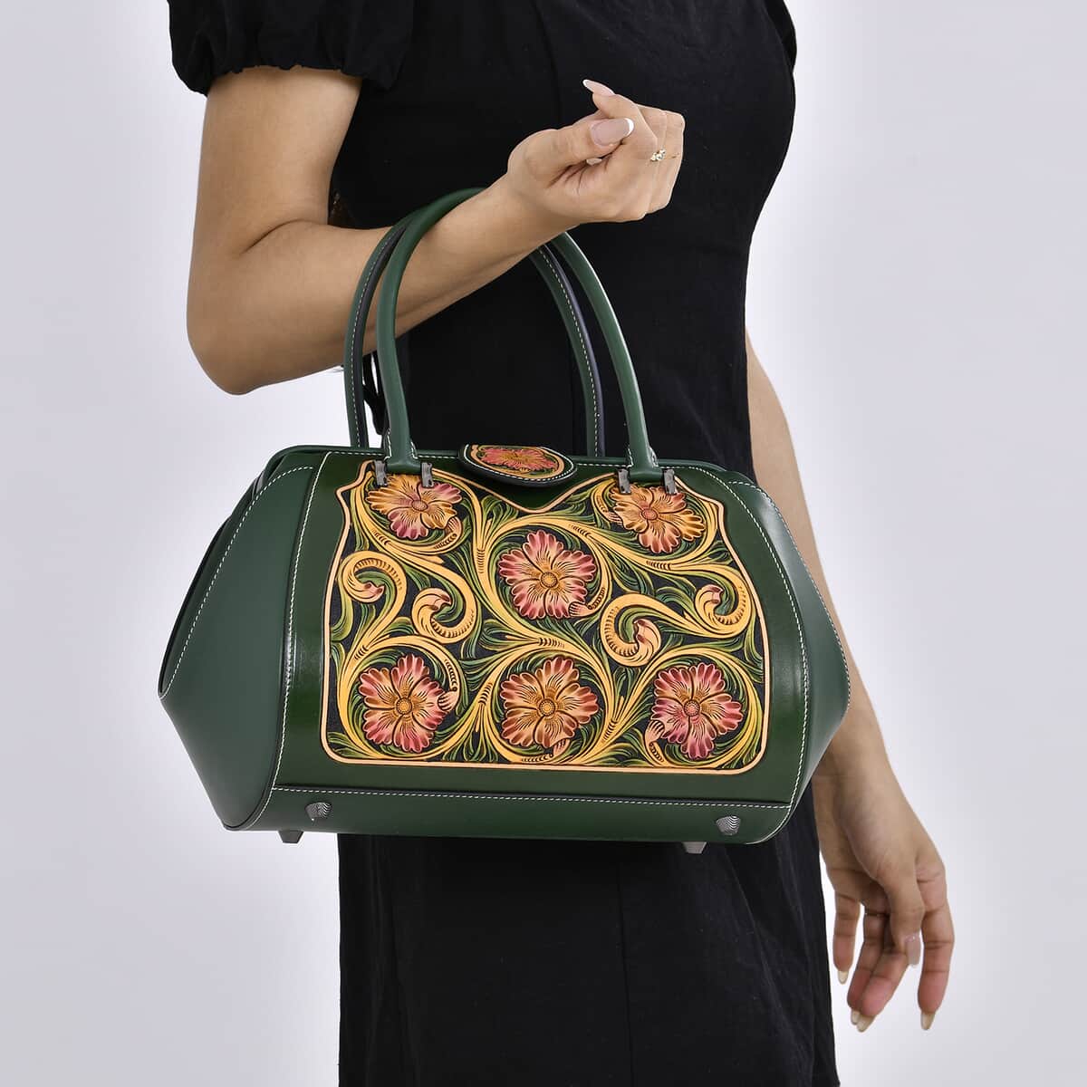 Grand Pelle Green with Multicolor Hand Engraving Flower Genuine Leather Hand Bag with Handle Drop 6.3 image number 2