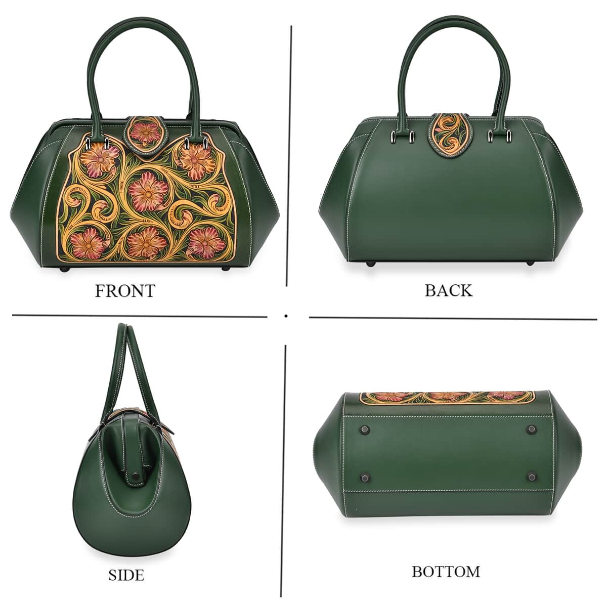 Grand Pelle Green with Multicolor Hand Engraving Flower Genuine Leather Hand Bag with Handle Drop 6.3 image number 3