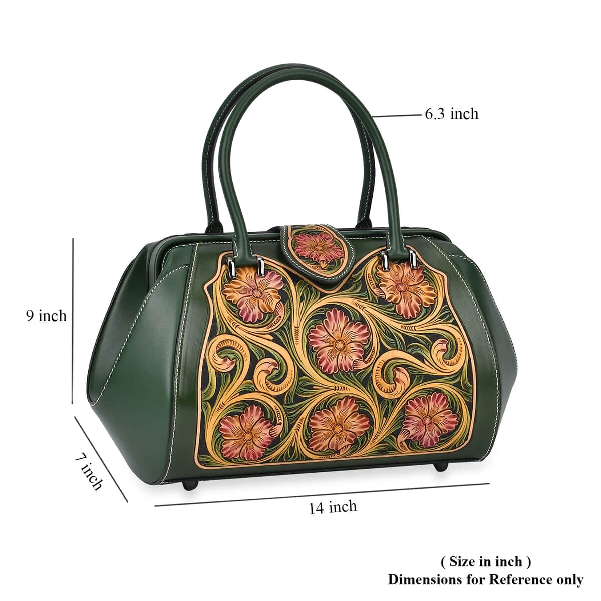 Grand Pelle Green with Multicolor Hand Engraving Flower Genuine Leather Hand Bag with Handle Drop 6.3 image number 5