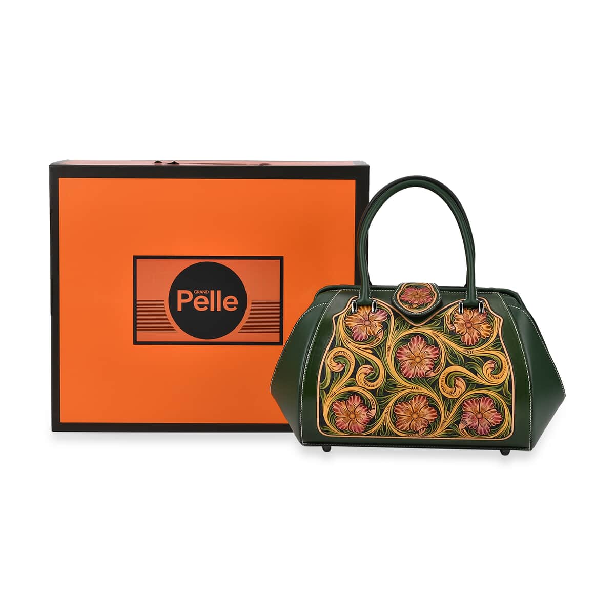 Grand Pelle Green with Multicolor Hand Engraving Flower Genuine Leather Hand Bag with Handle Drop 6.3 image number 6