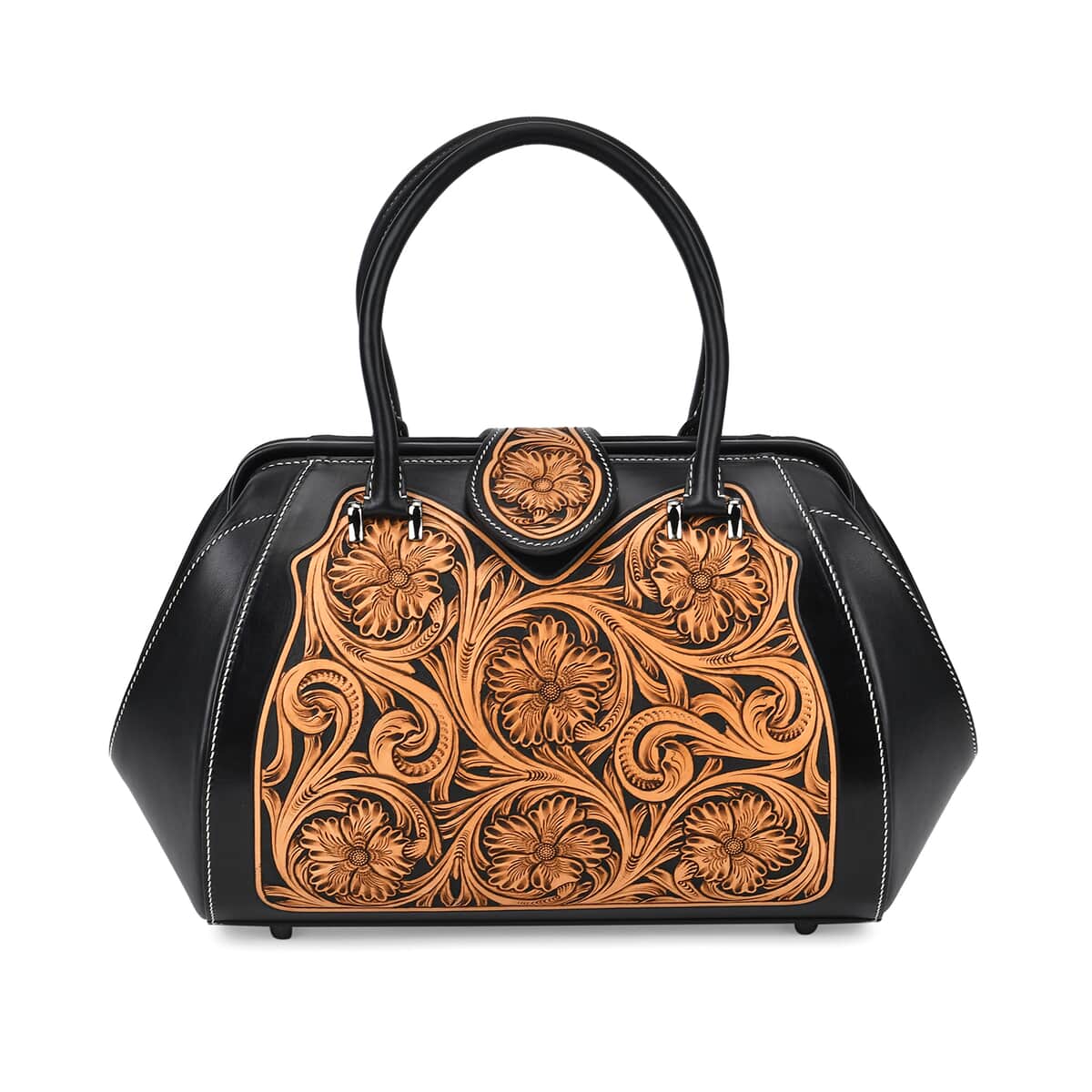 Grand Pelle Black with Solid Color Hand Engraving Flower Genuine Leather Handbag with Handle Drop 6.3 Inch image number 0